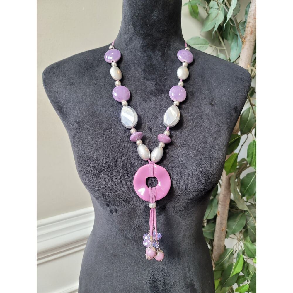 Women's Pink‎ and Purple Bead Necklace with Tassel and Silver Accents